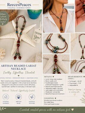 Artisan Lariat Necklace Wood Bead Crystal Coastal Adjustable Drop